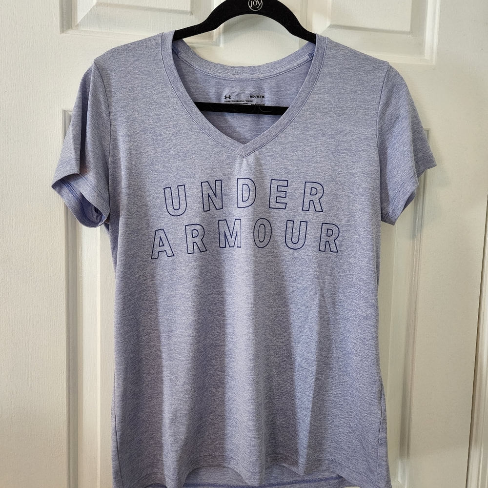 Under Armour | Light Blue Heathered Heat Gear Logo Short Sleeve Top